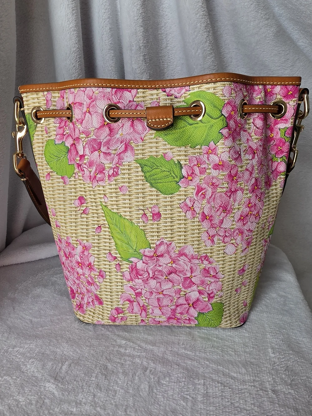 Dooney & Bourke Pink Floral Bucket Shoulder Bag with Tan Trim